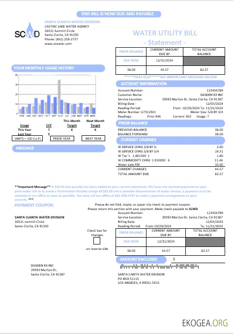 Modèle de facture de services publics des États Unis, Californie, Santa Clarita Water Division (SCWD) aux formats Word et PDF